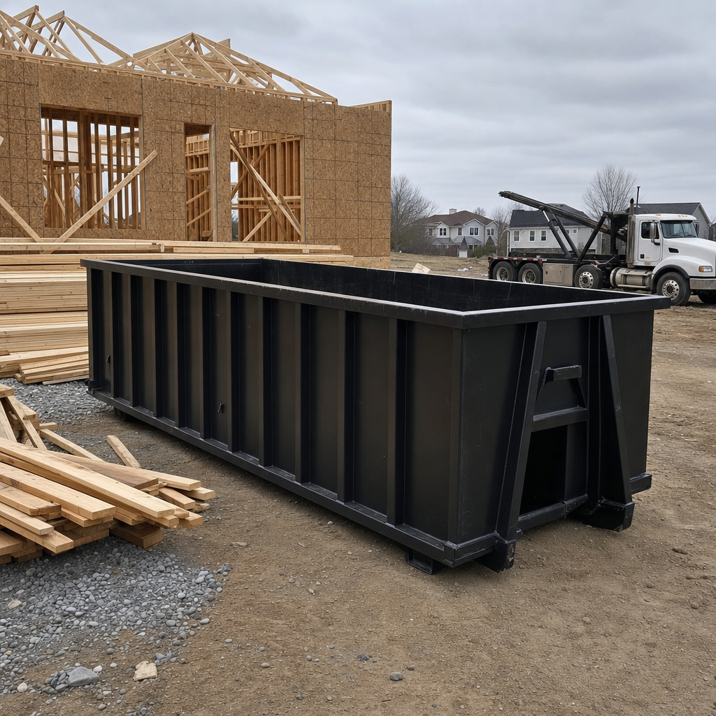Matte-black 40-yard roll-off dumpster staged on a framed-out residential construction site in Visalia, framing lumber stacked nearby, hooklift delivery truck visible in the background under bright Colorado daylight