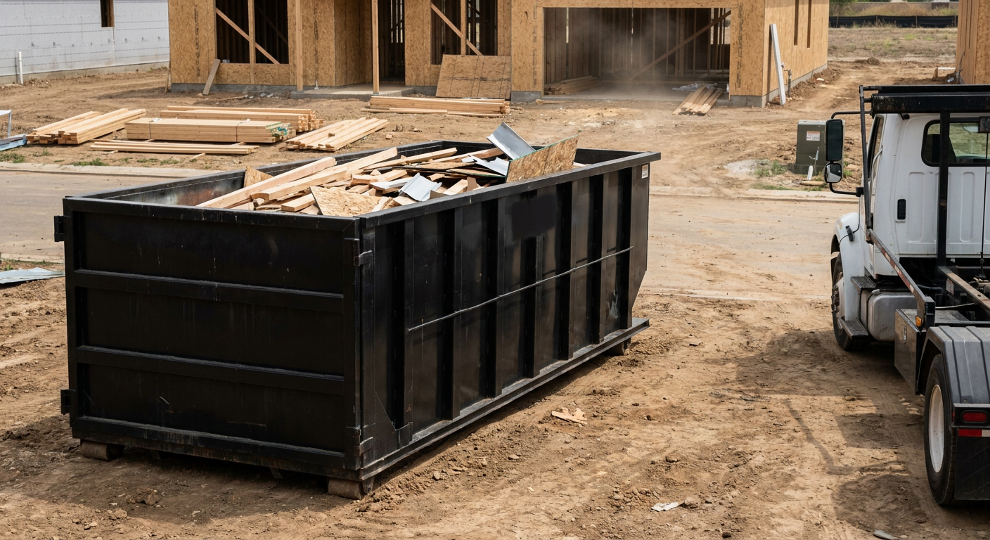 Matte-black 20-yard roll-off construction dumpster with heavy ribbed steel sidewalls and swing rear doors at a working jobsite in Visalia, sitting directly on compacted dirt with an unmarked white hauler partially visible at the far edge of the frame.