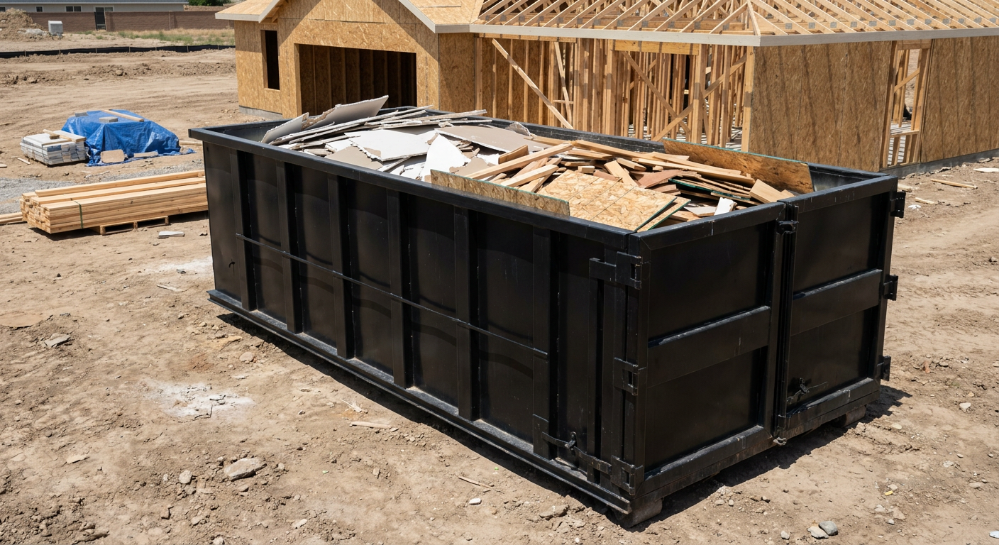 Matte-black 30-yard roll-off construction dumpster sitting directly on the compacted-dirt site of a framed single-family home build in Visalia, drywall and lumber scrap loaded inside.