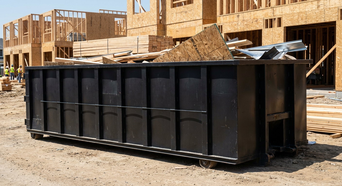 Matte-black 40-yard roll-off construction dumpster being lowered from a white-cab hooklift delivery truck onto the compacted-dirt jobsite at a commercial build site in Visalia