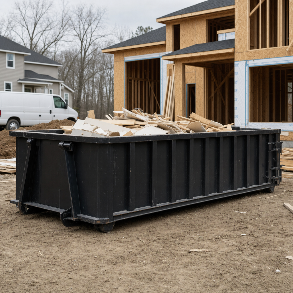 Worker in a yellow high-visibility vest tossing framing lumber and broken drywall into a matte-black 30-yard construction roll-off dumpster on an active build site in Visalia, bright daylight