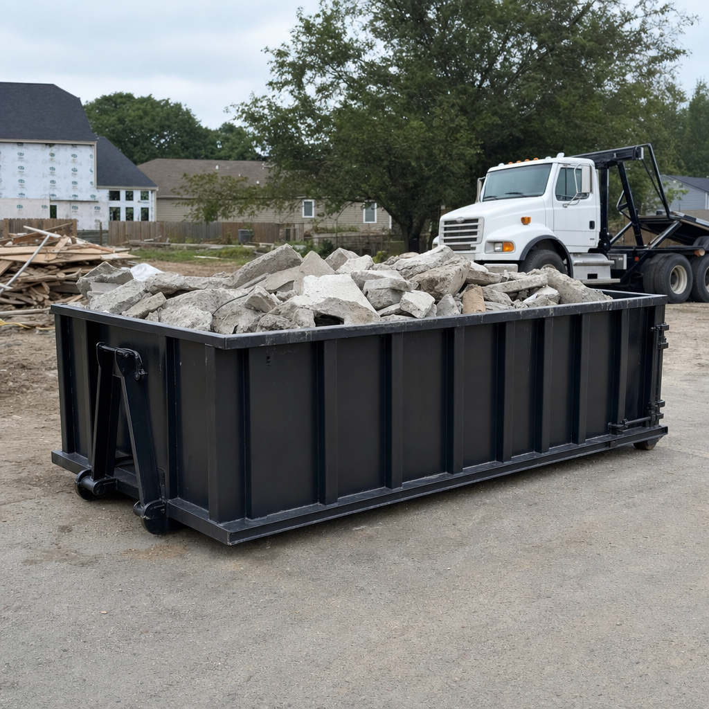 Low-profile matte-black lowboy roll-off dumpster loaded with broken concrete slab and rebar at a foundation tear-out in Visalia, skid steer parked beside it, sunny Colorado morning