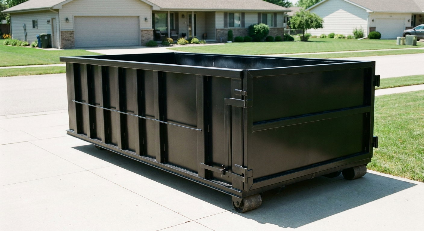 Matte-black 10-yard roll-off dumpster on a residential concrete driveway in Visalia, uniformly painted matte black across every panel and rail, ribbed steel sidewalls and rear swing door visible, mid-day daylight.
