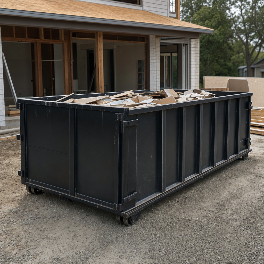 Large matte-black 30-yard construction roll-off dumpster at an active Visalia jobsite, steel-gray top rails and bottom rollers visible, loaded with construction debris.