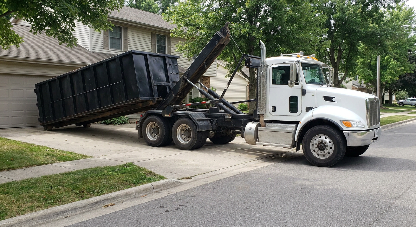 White-cab hooklift roll-off truck actively lowering a matte-black dumpster onto a Visalia residential concrete driveway, the dumpster's rear wheels touching the driveway as the hoist arm tilts the bed forward, mid-morning daylight.