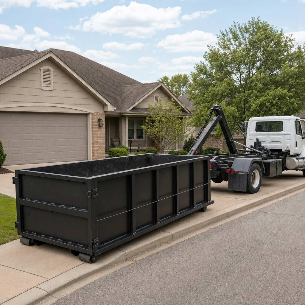 Wide documentary shot of a matte-black roll-off dumpster on a Visalia residential driveway in the foreground and a contractor jobsite container in the soft-focus background, bright daylight, calm and orderly composition.