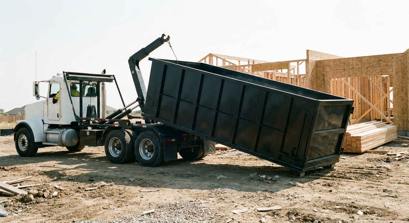 Matte-black roll-off dumpster being delivered onto a clean residential concrete driveway in Visalia by an unmarked white hooklift hauler truck, bright morning daylight, documentary 35mm perspective.
