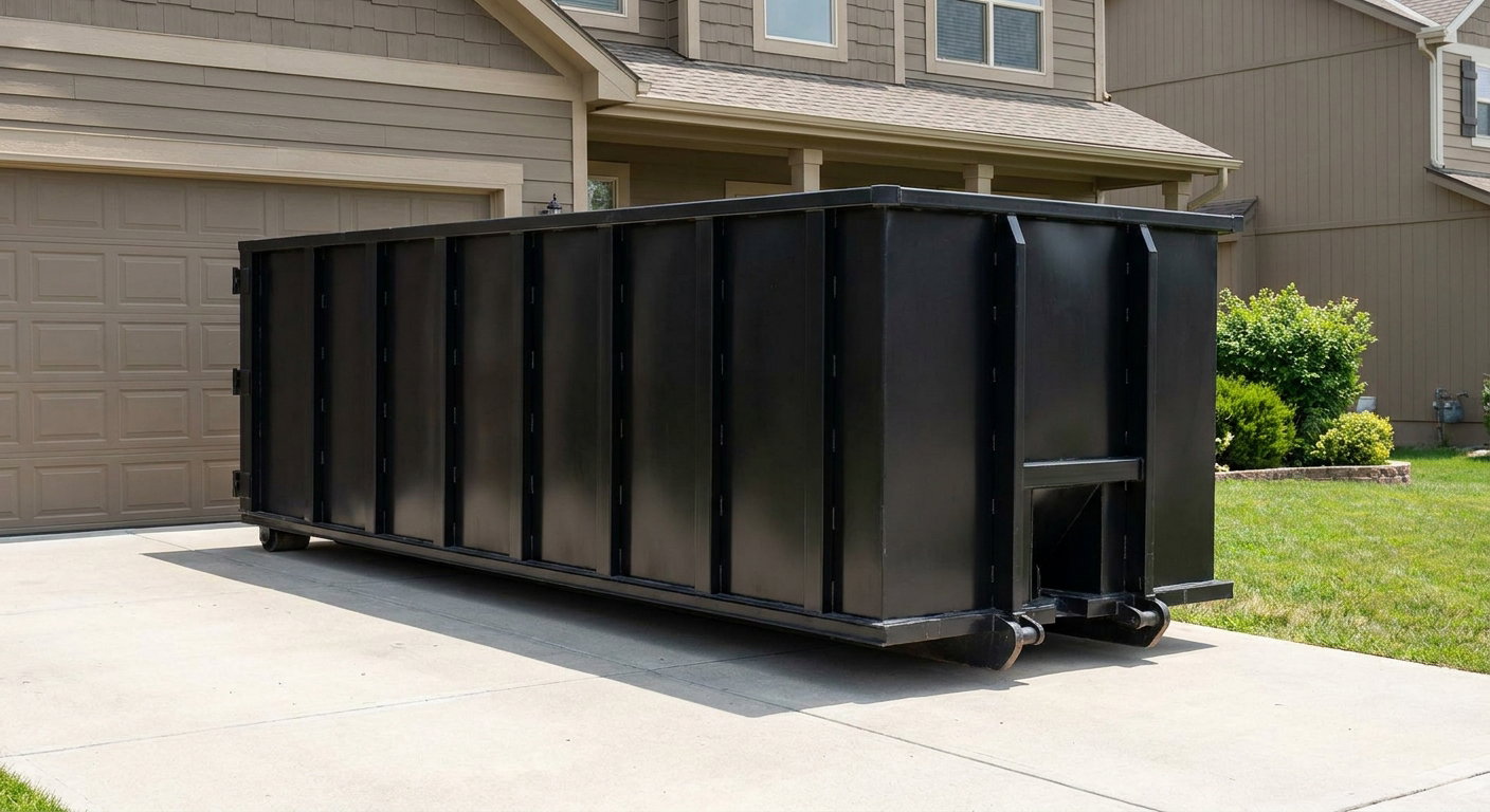 Matte-black residential roll-off dumpster sitting directly on a suburban Visalia concrete driveway, garage door closed, single-family home in background, bright morning daylight.