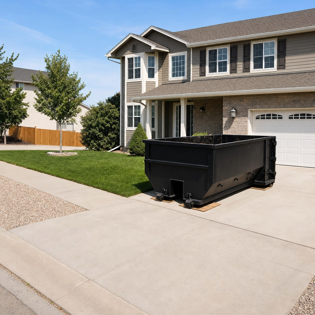 10-yard matte-black residential dumpster placed directly on a narrow Visalia concrete driveway, room remains for a parked sedan beside it, mid-morning natural light