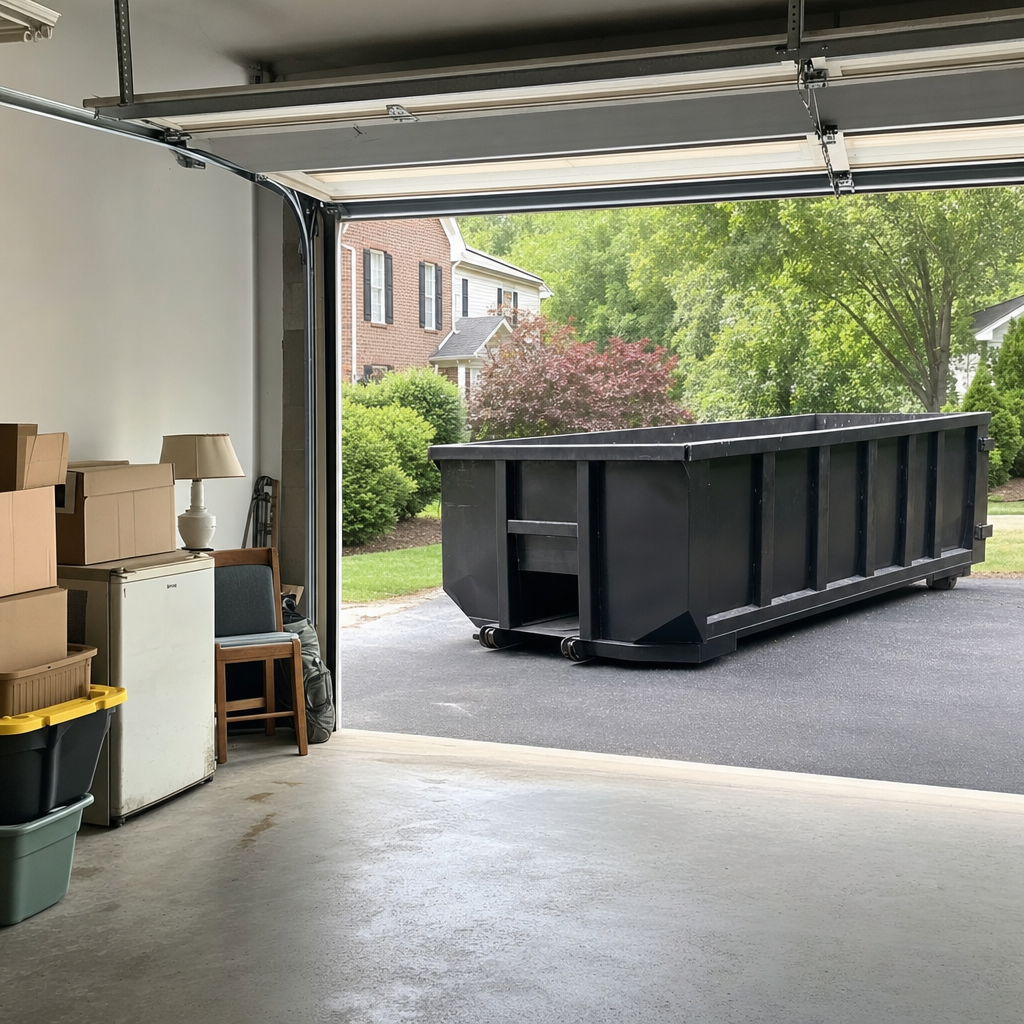 Open garage interior in a Visalia home mid-cleanout — boxed items, an old appliance, and stacked yard tools queued near the driveway for a matte-black roll-off dumpster, organized and calm