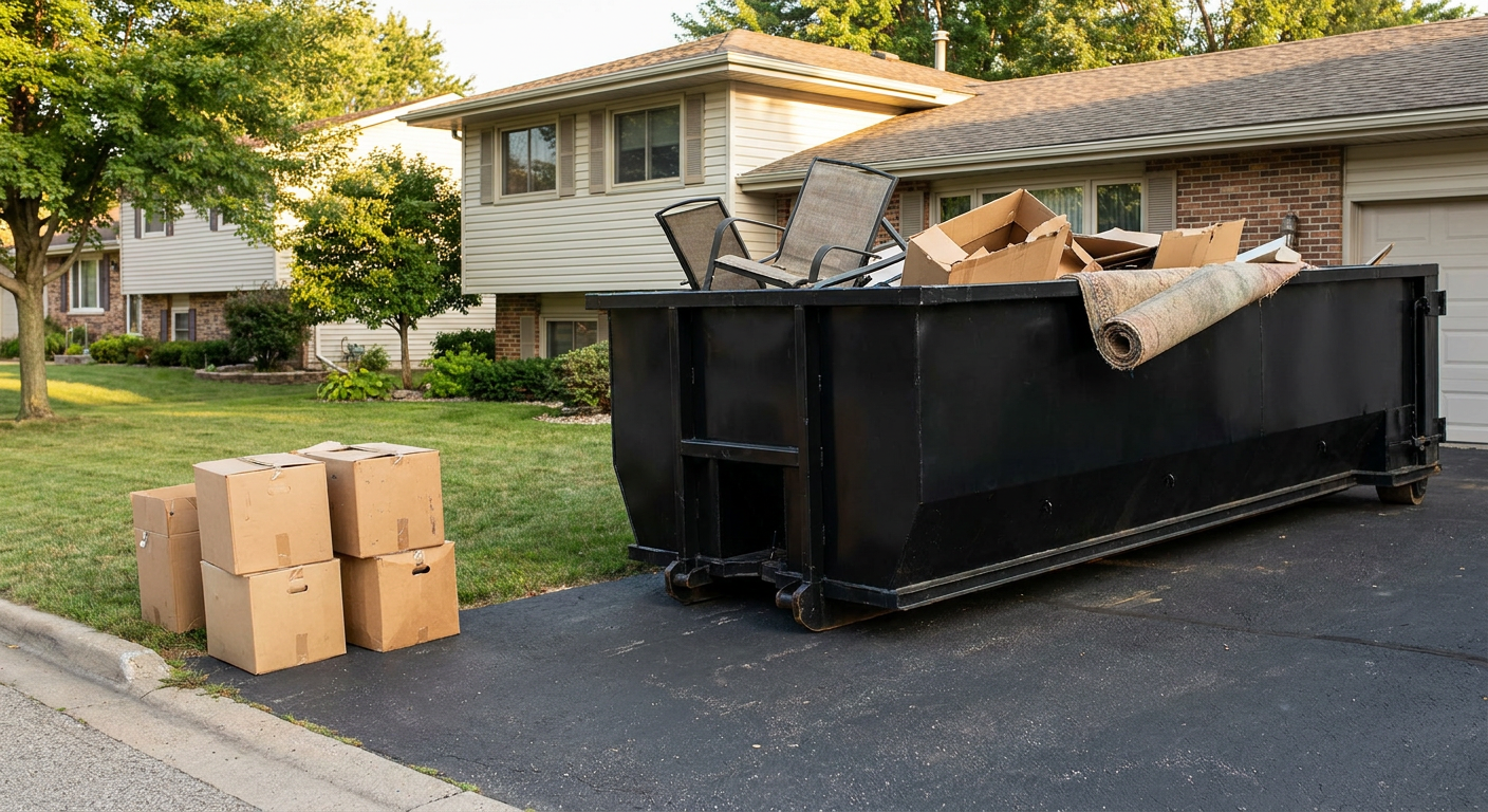 Front-yard view of a Visalia split-level home with a 20-yard matte-black roll-off dumpster sitting directly on the asphalt driveway, a few clearly labeled donation boxes staged at the curb, calm sunny afternoon.