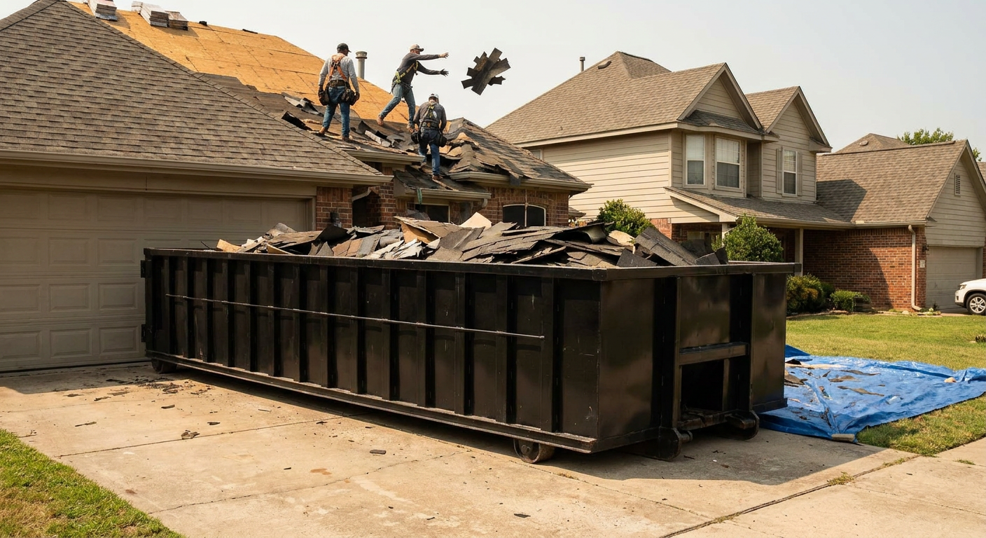 Matte-black roofing roll-off dumpster placed directly on a Visalia residential concrete driveway, a tear-off crew on a two-story asphalt-shingle roof tossing shingle bundles into the low-walled container, bright daylight, documentary 35mm perspective.