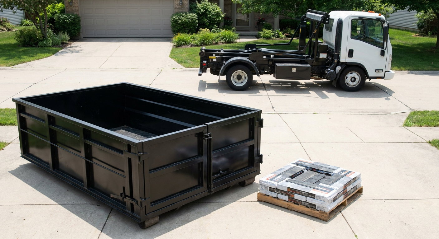 Matte-black 15-yard roofing roll-off dumpster with reinforced low side walls sitting directly on a Visalia residential concrete driveway, three-tab asphalt shingle bundles stacked nearby, an unmarked white hauler truck partially visible at the edge of the frame.