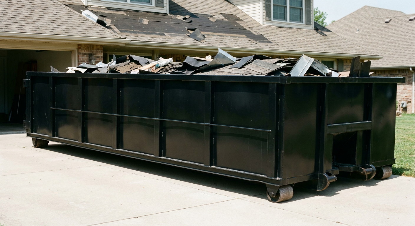 Matte-black 20-yard roofing roll-off dumpster with steel ribbed sides and swinging rear door, sitting directly on the concrete driveway of a two-story Visalia home, asphalt shingle debris being loaded over the low wall, clean documentary lighting.