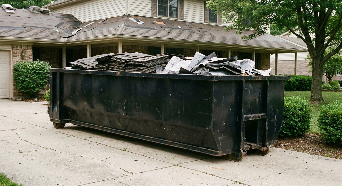 Matte-black 30-yard roofing roll-off dumpster sitting directly on a Visalia concrete driveway, taller ribbed steel side panels, mixed tear-off debris of asphalt shingles and underlayment inside, professional documentary daylight.