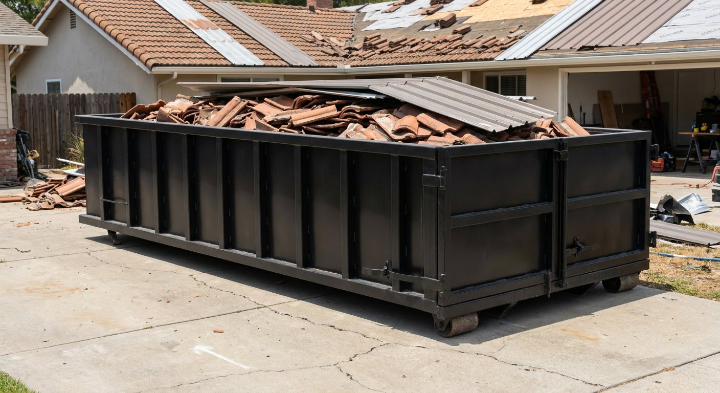 Matte-black low-wall heavy-debris roofing roll-off dumpster sitting directly on a Visalia concrete driveway, broken concrete clay roof tiles and metal panel sections loaded inside, reinforced ribbed steel side walls visible, bright outdoor daylight.