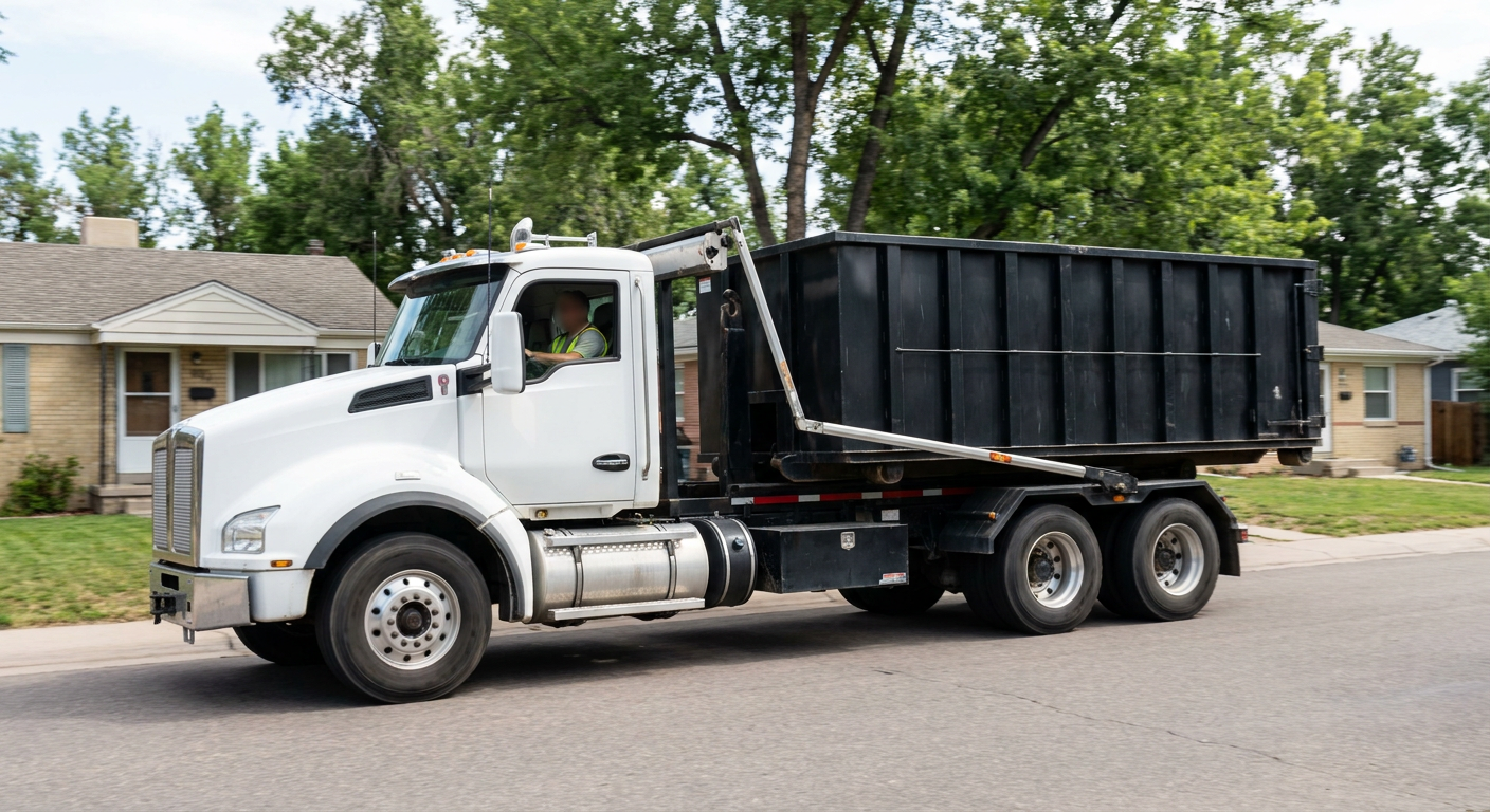 A wide documentary shot of a matte-black roll-off delivery truck pulling onto a quiet Visalia residential street at mid-morning, with neighborhood rooftops and tree-lined blocks visible behind, showing the metro coverage footprint.