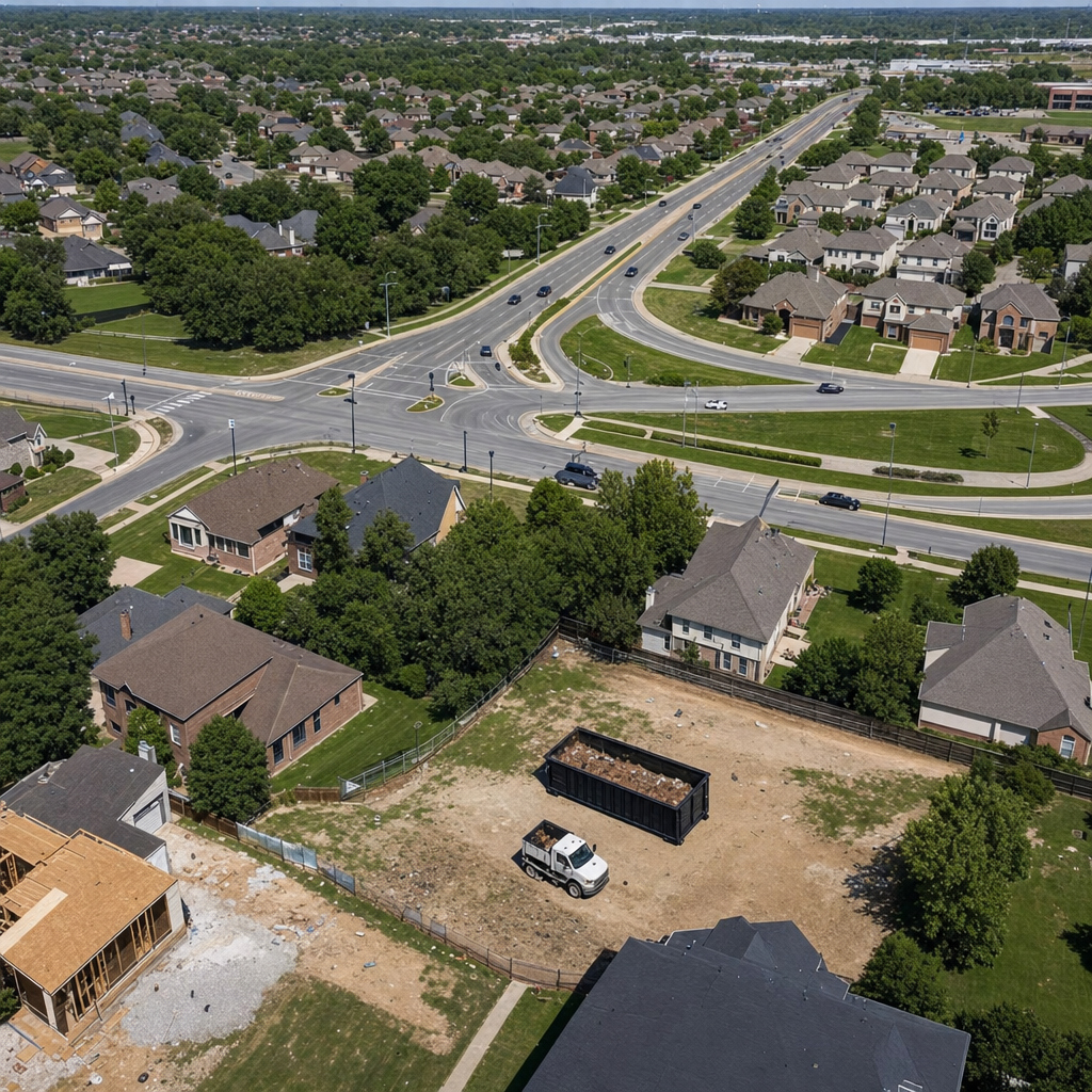 An overhead documentary view of the Visalia metro area at midday, showing the spread of neighborhoods, arterial roads, and the dispatch radius from a central yard — clean daylight, organized geographic layout.