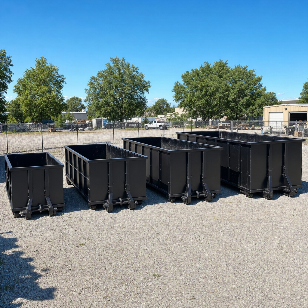 A clean lineup of matte-black roll-off dumpsters in 10, 20, 30, and 40-yard sizes staged on a sunlit gravel yard in Visalia, showing the size progression from compact to commercial-scale containers.