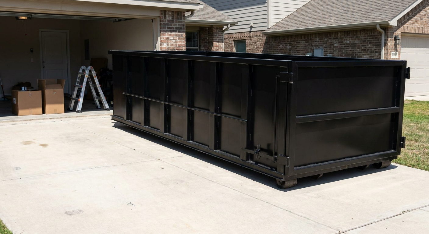 A matte-black 10-yard roll-off dumpster sitting directly on a residential Visalia concrete driveway, mid-day sunlight, clean and ready for a garage cleanout.