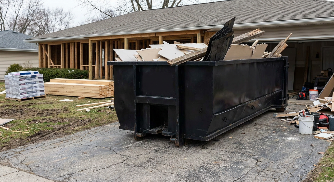 A matte-black 20-yard roll-off dumpster placed alongside a mid-renovation Visalia home directly on the asphalt driveway, with framing materials and torn-off shingles staged neatly nearby.