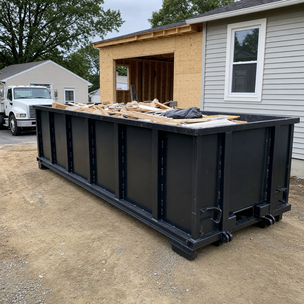 A matte-black 30-yard roll-off dumpster positioned at a Visalia residential addition jobsite, with framing lumber and drywall scraps loaded through the open swinging rear doors.
