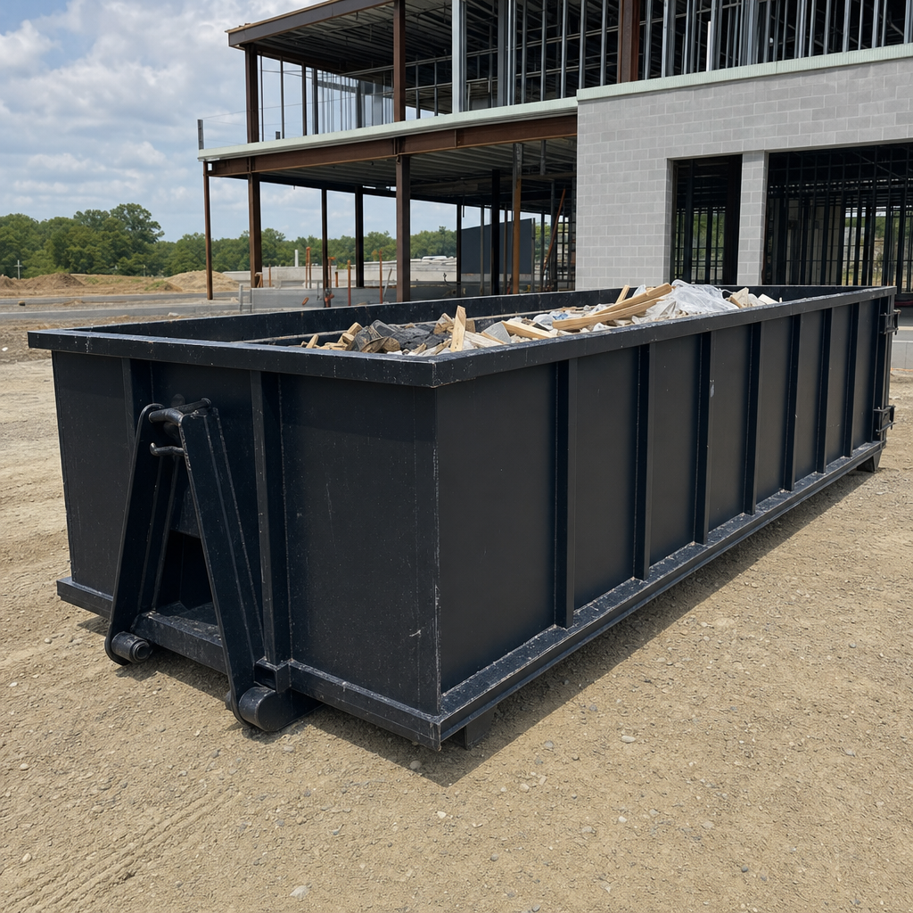 A matte-black 40-yard roll-off dumpster staged on a large Visalia commercial construction lot, with a hooklift delivery truck parked alongside under bright midday sky.