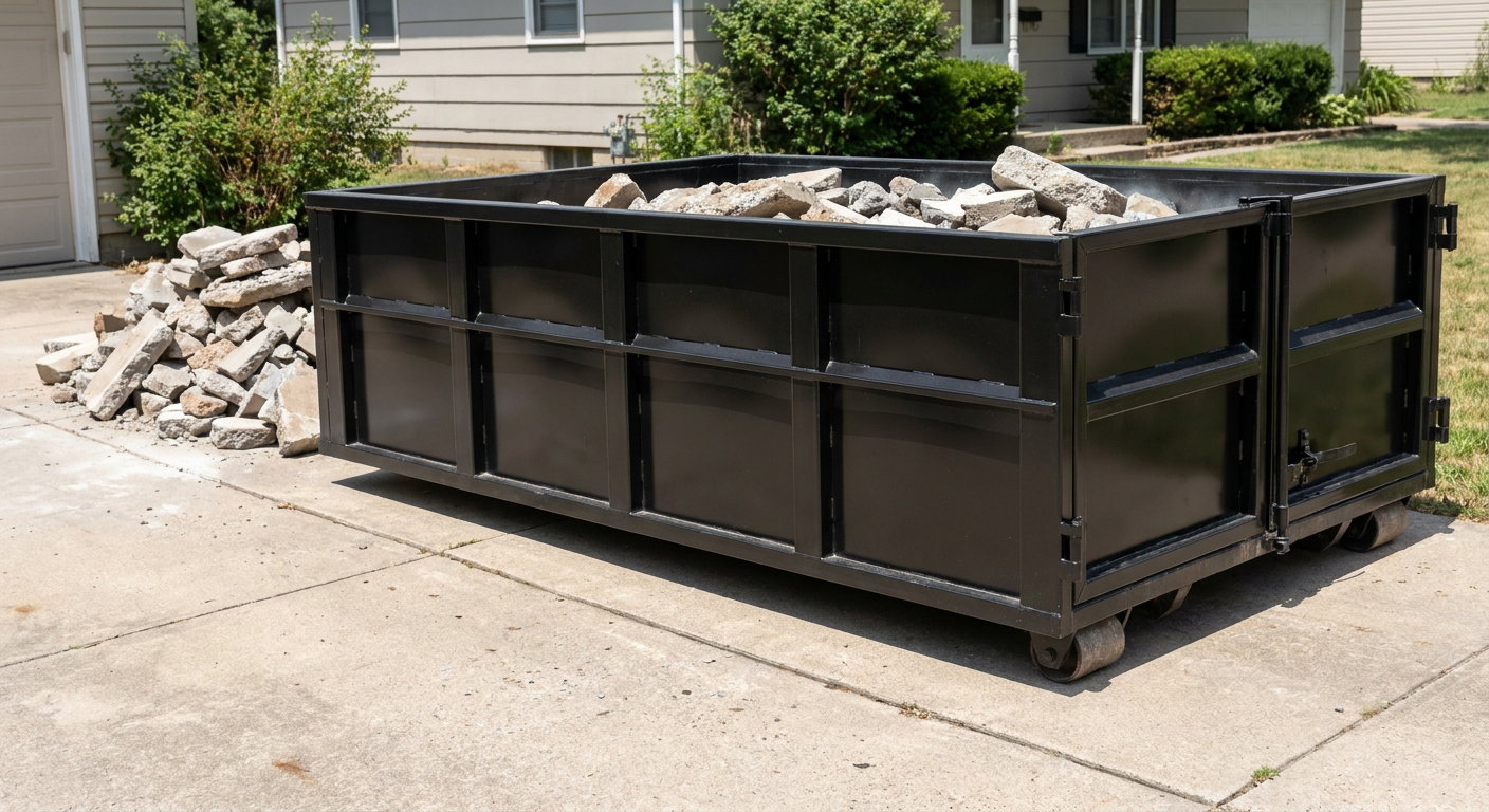 A matte-black low-side heavy-debris roll-off dumpster placed directly on a Visalia concrete driveway, with broken concrete chunks neatly stacked beside it under clean daylight.